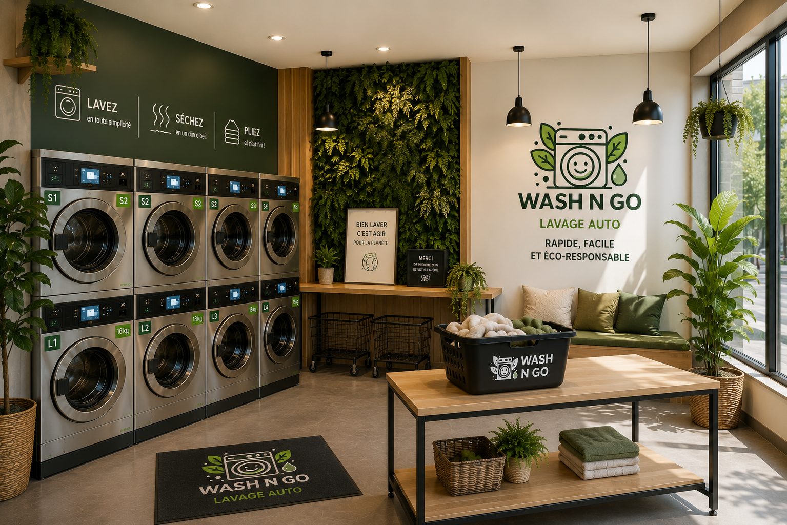 Espace détente d'une laverie Wash N Go, avec banquette et plantes